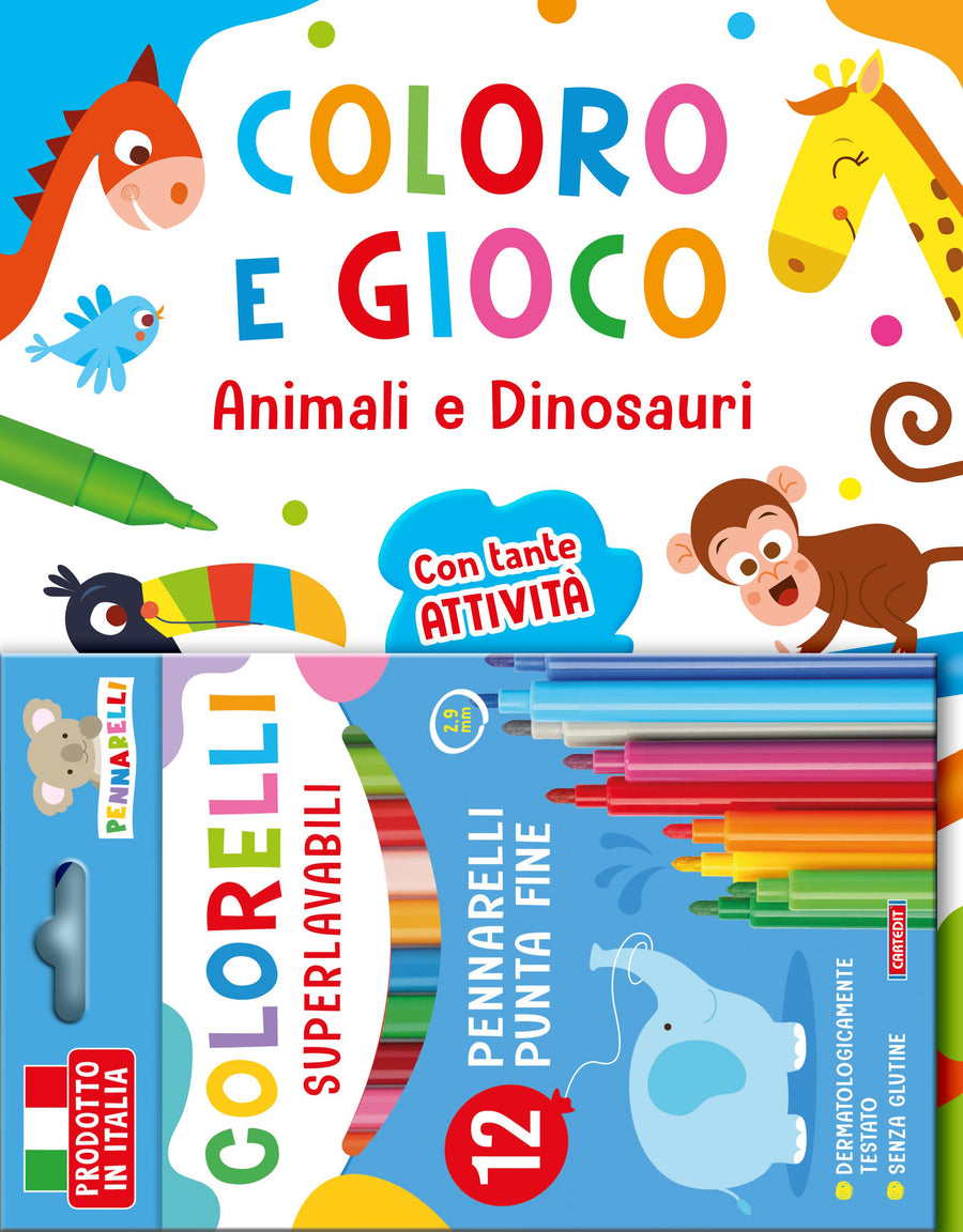 Animali e dinosauri. Coloro e gioco. Ediz. a colori. Con pennarelli